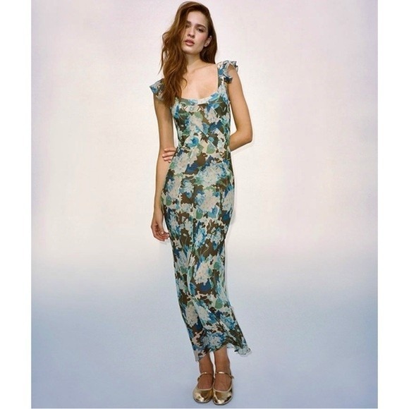 Réalisation Par Silk S Multicolor Lila Blue Hydrangea Sheer Floral Maxi Dress - Picture 2 of 8
